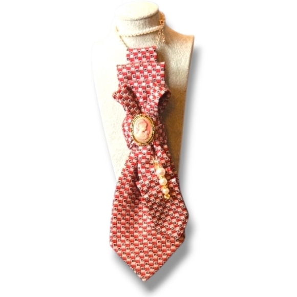 Accessories - Red Pink Patterned Folded Cravat Brooch Accessory with Cameo and Pearls